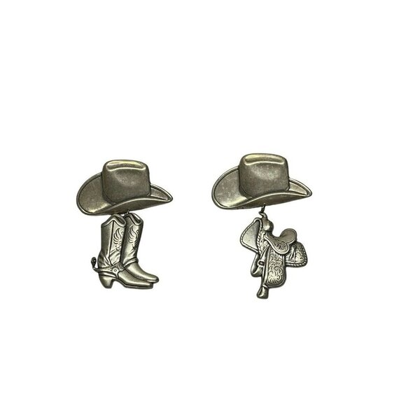 Cowboy Hat Saddle Boots Silver tone Metal Earrings Dangle Drop Southwestern - Picture 1 of 5